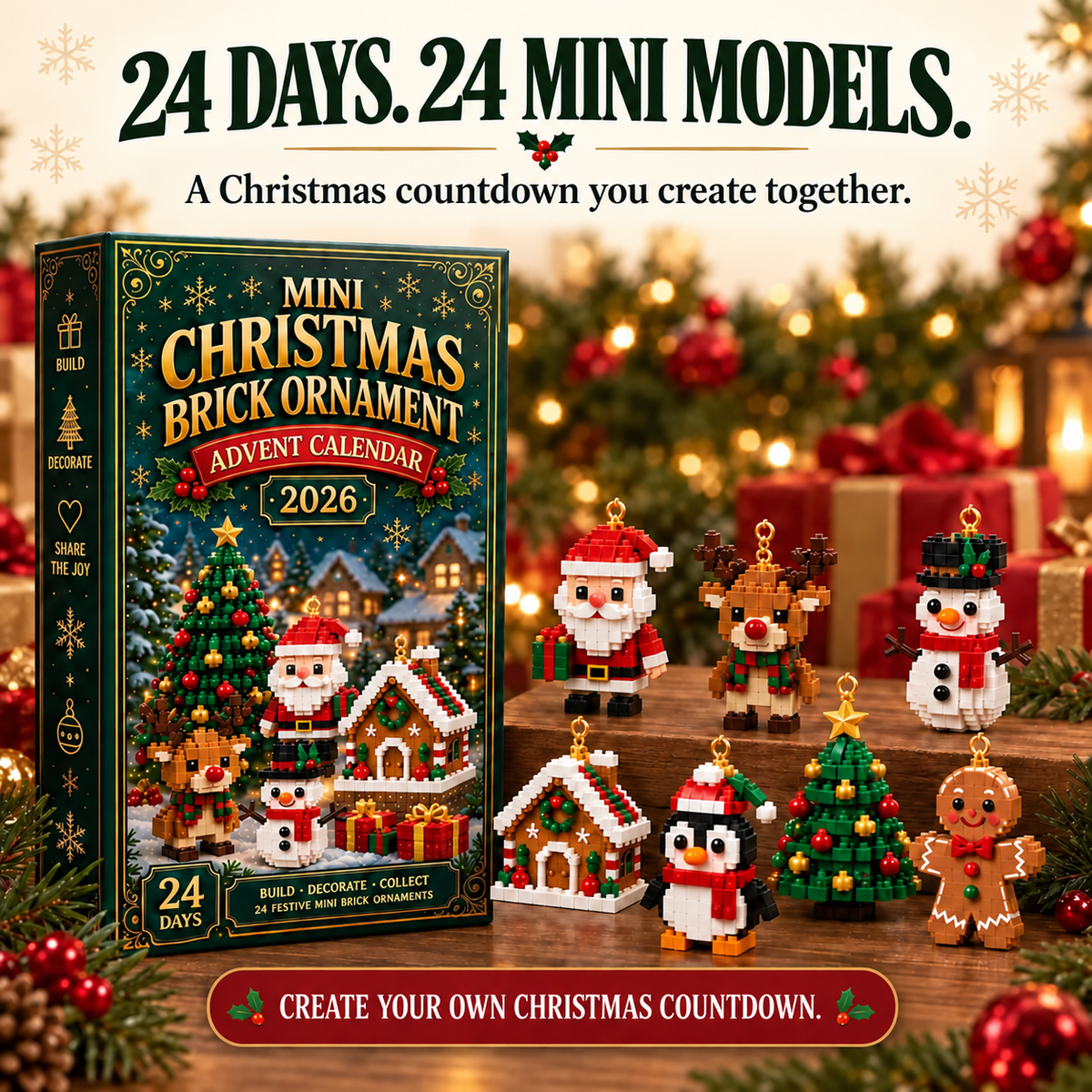 🎄 TK 24-Day Mini Christmas Brick Ornament Advent Calendar – 24 Unique Buildable Holiday Models