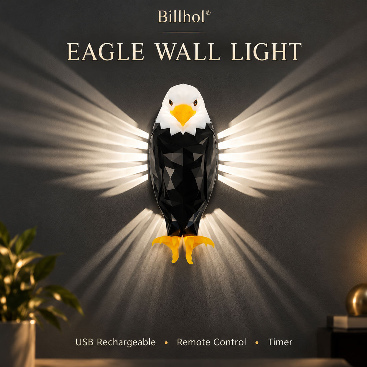 Billhol® bald eagle wall light with wing-shaped light projection