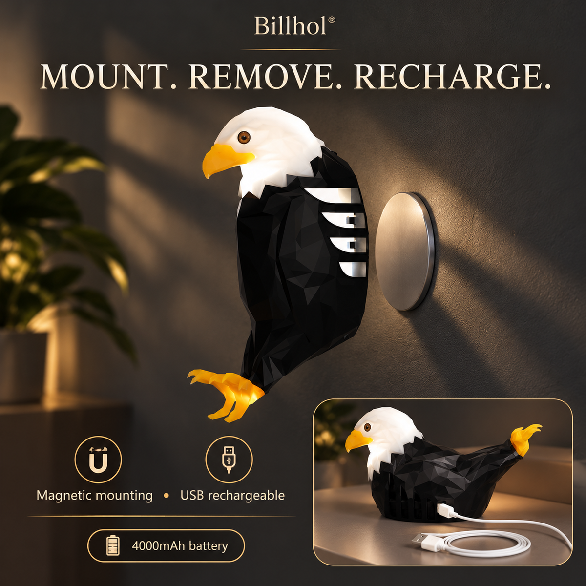 Billhol® eagle wall light with magnetic mount and USB rechargeable battery