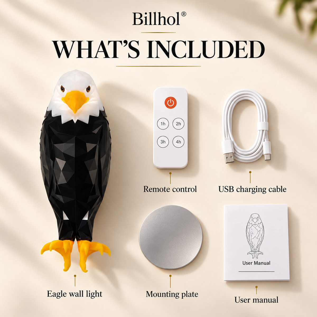 Billhol® eagle wall light, remote control, USB cable, mounting plate and user manual