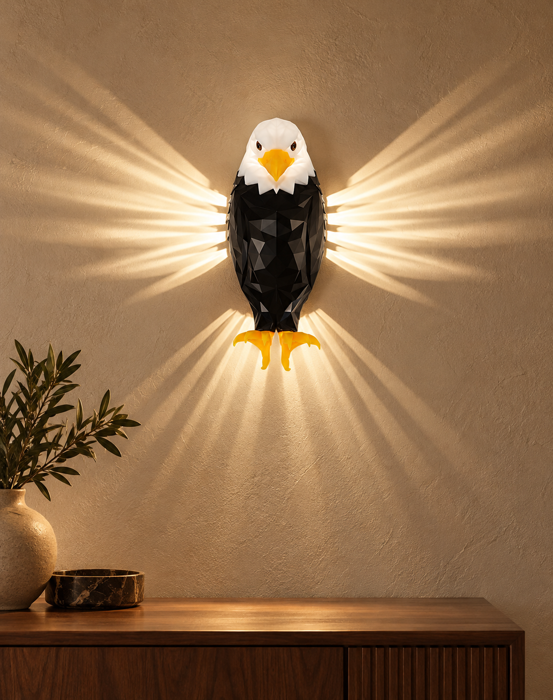 Billhol® compact bald eagle wall light casting wing-shaped light on a warm plaster wall