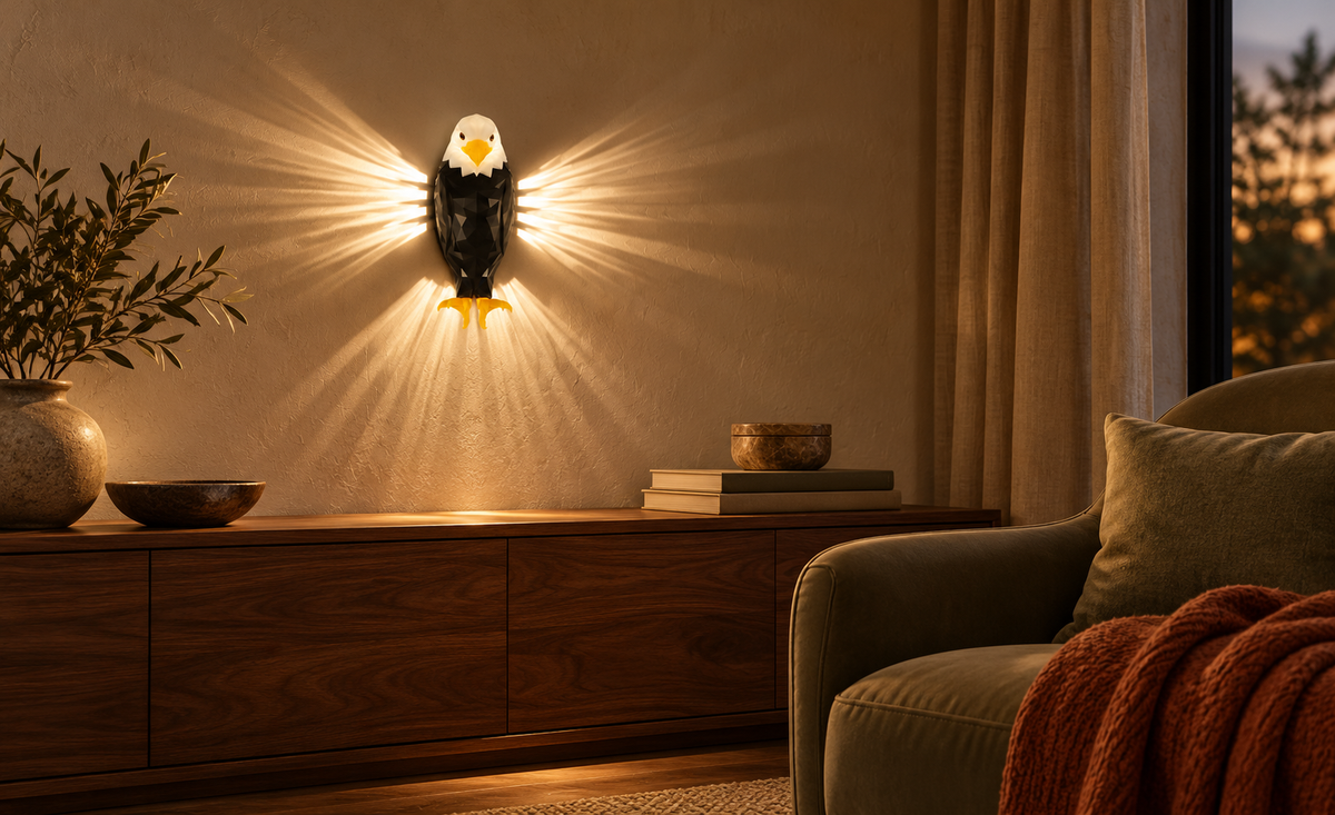 Billhol® eagle wall light in an evening room with walnut furniture and a sage reading chair